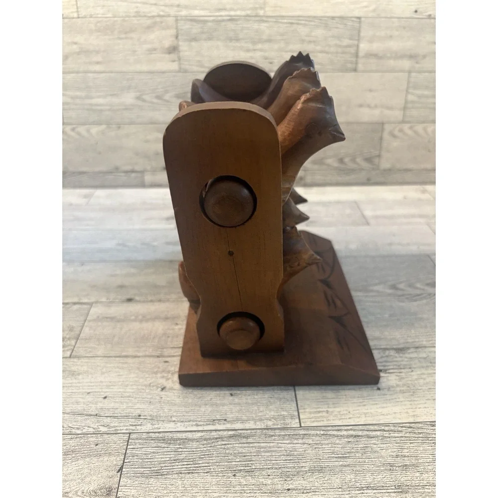 Carved Wood Chicken Napkin Rings Set w/ Holder Stand, Brown, 6 Rings